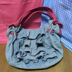 デニムブルー ピンク フリルバッグ