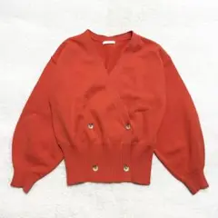 美品 Loungedress ダブルボタン ニット カーディガン F オレンジ
