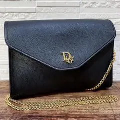 ディオール ハニカム レザー チェーン ショルダー バッグ ポシェット ブラック