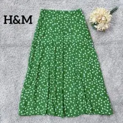 H&M 花柄スカート　鮮やかグリーン　ミモレ丈　薄手　レーヨン　花柄