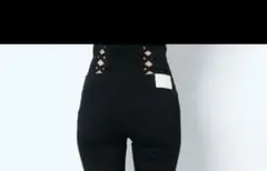 GYDA★ハイウエストボタンWレースアップスキニーパンツ★Sサイズ★ブラック