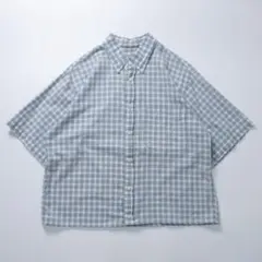 半袖シャツ　ミニチェック　短丈　ブルー ホワイト　M　ショート丈
