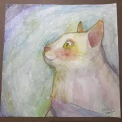 水彩画 夜空を見る猫