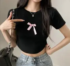 トーシューズカラー リボン クロップ 半袖 Tシャツ
