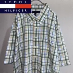 TOMMY HILFIGER 半袖ボタンダウンシャツ チェック 緑 トミー