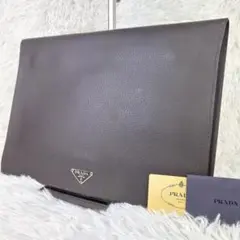 美品 ✨ プラダ 書類バッグ クラッチバック 三角ロゴ レザー ブラウン