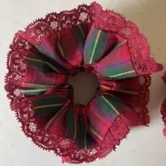 ハンドメイド　シュシュ　親子　お揃い　子供　キッズ　レース　フリル　チェック　赤