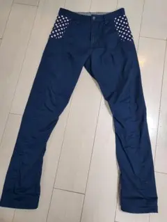 お洒落テーパードパンツ　ドット模様　ブルー　メンズ　S