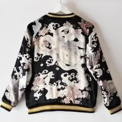 80s 和柄 レーヨン スカジャン 鯨 蛙 兎 刺繍 S サテン 別珍 ブラック