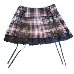 チェック柄プリーツスカート　ピンク　地雷系　量産型　サブカル　リボン　レース