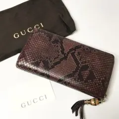 GUCCI グッチ 長財布 パイソン ラウンドファスナー レッド系 バンブー