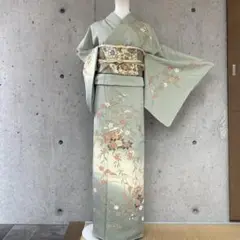 正絹 上質な訪問着 たたき染 花に雪輪柄 くすみ黄緑 袷