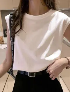 フレンチスリーブ ノースリーブ 半袖 夏シンプル ホワイト 白 L Tシャツ