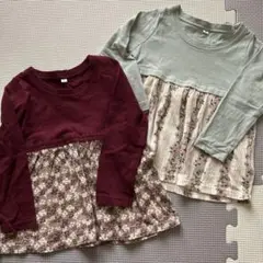 切り替えトップス　花柄長袖カットソー　ロンＴ　エンジ　くすみグリーン　80センチ