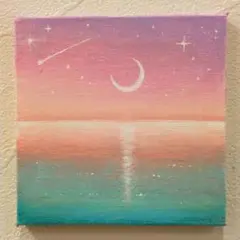 【原画：10×10cm】 白い月と静かな海　オイルパステル画　キャンバスアート