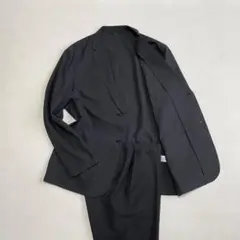 MUJI 風を通すストレッチサッカー セットアップ ブラック スーツ ストライプ