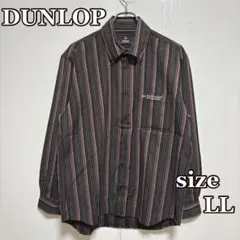 ●美品DUNLOP 長袖ボタンダウンシャツ（L L）ストライプ柄　レーヨン混黒茶