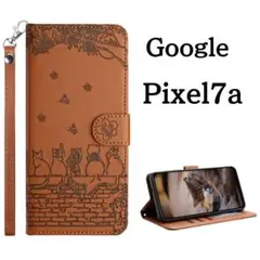 Google Pixel7a ケース 手帳型 猫 花柄 レザー ブラウン カバー