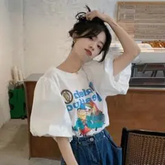 リメイク風Tシャツ ボリューム袖 レディース クルーネック ふんわり 五分袖