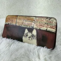 【極美品】 マンハッタナーズ 長財布 ラウンドジップ ネコ柄 ボルドー レザー