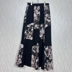 日本製 和柄 シック フラワープリント フレアロングスカート レトロ ジッパー付