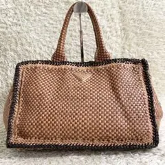 希少✨プラダ ハンドバッグ マドラス 三角ロゴ 編み込み レザー ブラウン