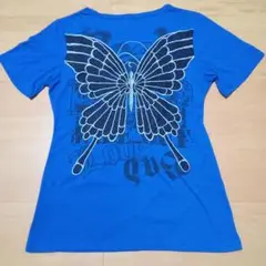 M.K.R. 蝶の刺繍 Tシャツ 青Ｍサイズ☆ピタＴ