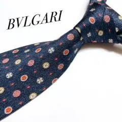 美品 ブルガリ BVLGARI ネクタイ ハイブランド セッテピエゲ 小紋柄 紺