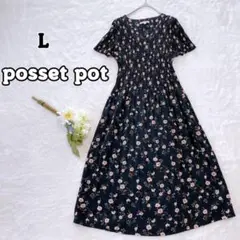 【posset pot】黒 花柄 半袖ロングワンピース L プリーツ a2092