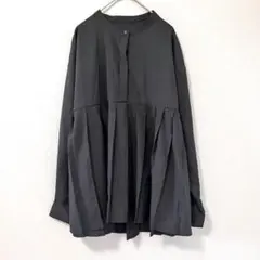 ◉Gleeful　バンドカラーシャツ　長袖　プリーツ　黒　L　ボタンアップ