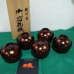 316 美品 有名越前塗作家 山下近 吸物椀５客本堅地 朝顔葉文様 蒔絵/輪島塗 m77483593303_1.jpg?1720699793