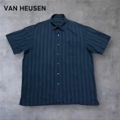 【236】VAN HEUSENコットン×ポリシャツ青×ストライプLビッグサイズ
