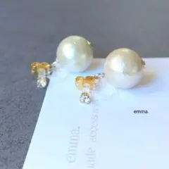 バッグチャーム付 コットンパール 一粒 ラインストーン ピアス イヤリング