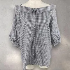 【美品】byebye オフショルギンガムチェックコットンブラウス　a1009