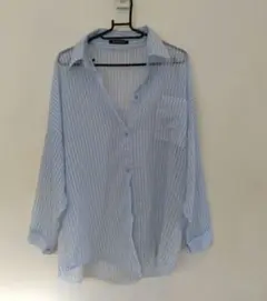 SPRAY PREMIUM シアーシャツ　長袖　水色✕白　ストライプ　F