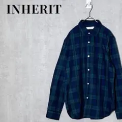 INHERIT　チェック柄　長袖シャツ　レーヨン混　グリーン×ネイビー　サイズL