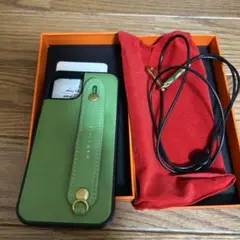 本革 iPhone14対応 ネックストラップ付きケース グリーン