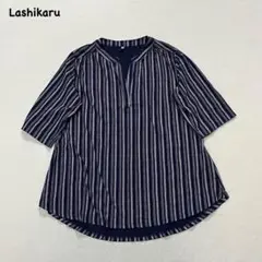t2062 【ラシカル】　カットチュニック　ストライプ　半袖　シャツ　紺色