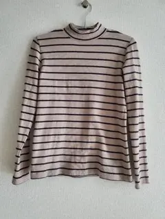 無印　タートルネック長袖Tシャツ　ストレッチスライス編み　ベージュストライプ