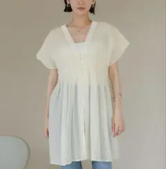 ローリーズファームシャーリングチュニックフレンチスリーブブラウス白アイボリー