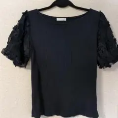 index　レースフリル袖の黒リブトップス　S使用品