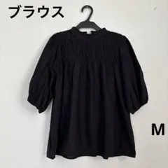 ブラック 五分袖 シャーリングブラウス　M