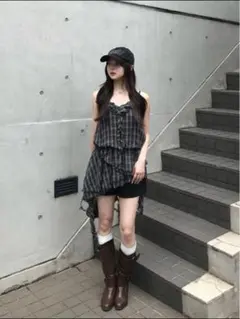 サマーラストセール　ブラックチェック キャミミニワンピース　M 数量限定