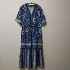 ネイビー 花柄 Aライン ワンピース