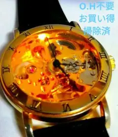 メンズ腕時計手巻き稼働完スケルトン手巻き時計 ゴールド×ブラック