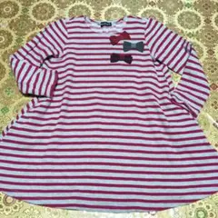 訳あり☘️BeBe 120 赤とグレーのストライプワンピース