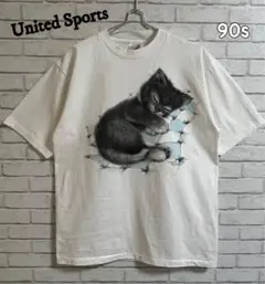 美品★United Sports 90s USA製　お昼寝子猫プリントTシャツ