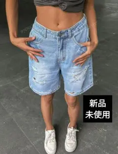 【新品・未使用】クラッシュデニムパンツ　ライトウォッシュ