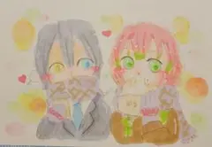 おばみつ　ファンアート　学パロ　アナログイラスト　原画　ポストカード