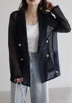 ボンジュールサガン　メッシュテーラードジャケット　ダークネイビー
